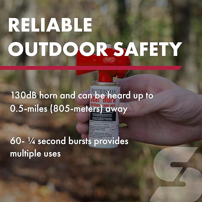 SABRE Frontiersman Bear Horn, 130dB Audible Up to 0.5 Miles, Nonflammable & Eco-Friendly, On/Off Lock Prevents False Alarms, 60 ¼-Second Blasts, Bear Spray Companion, Designed & Assembled in USA