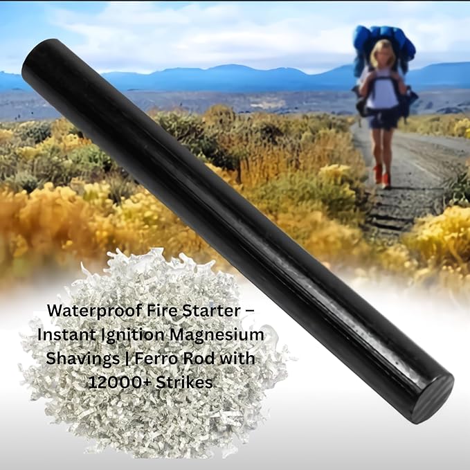 Emergency Fire Starter Kit – 6 Magnesium Bags + 3.15" Ferro Rod (12,000+ Strikes) + 4" Waxed Rope (12 Min Burn) – Survival Kit in Waterproof Tin for Camping, Hiking