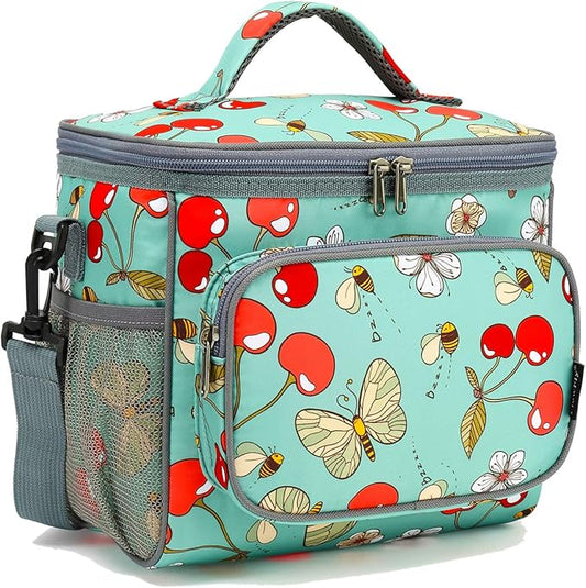 FlowFly Insulated Reusable Lunch Bag Adult Large Lunch Box for Women and Men with Adjustable Shoulder Strap,Front Zipper Pocket and Dual Large Mesh Side Pockets,Cherry