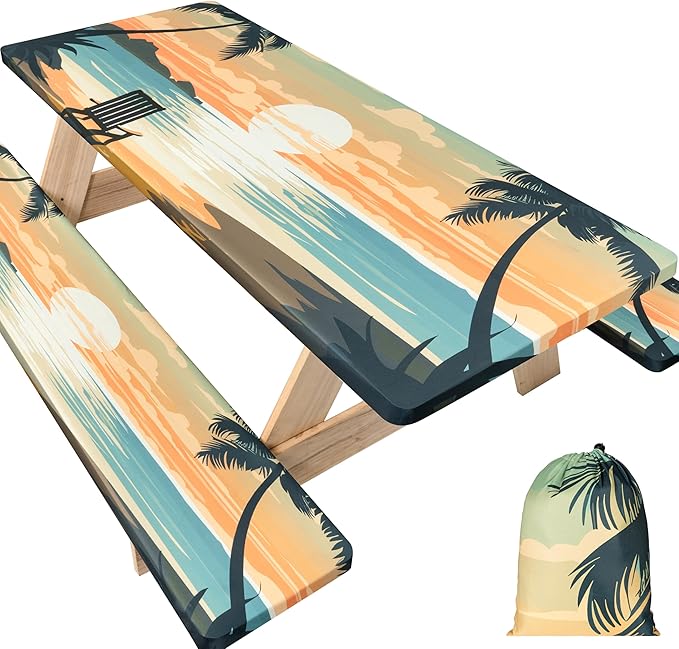 72 X 30 Inch Elastic Fitted Camping Table Cover with Bench Covers & Storage Bag, Picnic Tablecloth, Fits 6ft Picnic Tables,Washable & Reusable, Spill Resistant,Waterproof - Tropical Beach