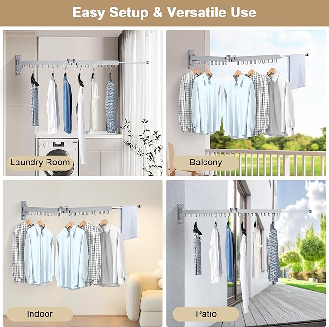 Bakala Clothes Drying Rack, Laundry Drying Rack Foldable, Heavy-Duty Space Saving Hangers, Wall Mounted Clothing Racks for Laundry Room Organization, Folding, Retractable 64" Clothes Dryer (Silver)