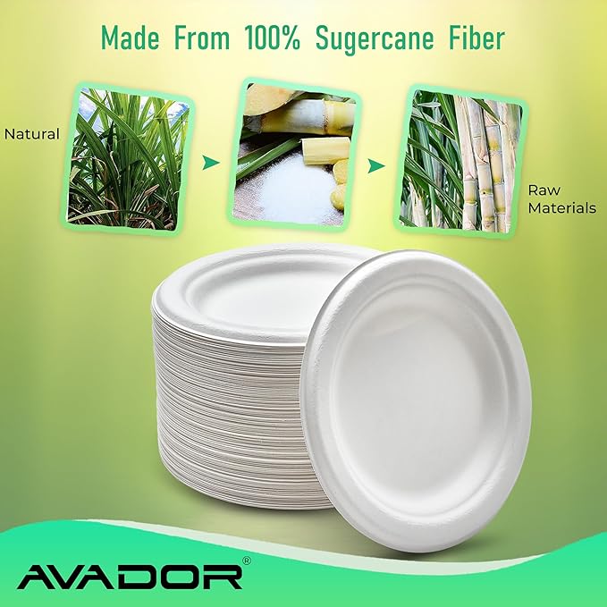 AVADOR® Compostable Tableware 100% Eco-Friendly & Biodegradable Dinnerware Eco-Conscious, Disposable, and 100% Biodegradable (6 inch Round Plates Pack of 100)