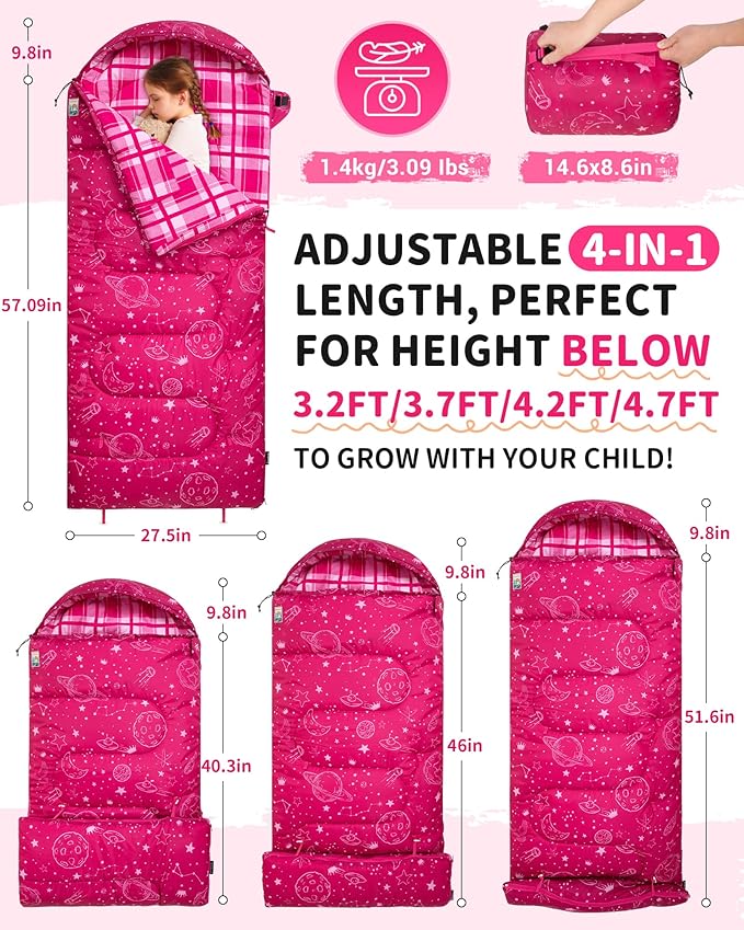 KingCamp 45° F Kids Sleeping Bag, Lightweight Waterproof & Compact Flannel Sleeping Bags Cold Weather & Warm Youth Essentials Gear Accessories for Camping, Fits 10-12 Children up to 5'5" Tall