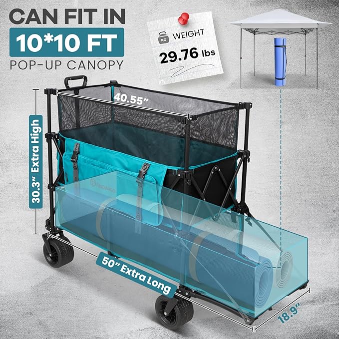 FUNDANGO Double Decker Wagon – 660L Extra High Extender Collapsible Wagons Carts Foldable Heavy Duty with Tailgate, Brakes & All-Terrain Big Wheels for Sports, Camping, Grocery Shopping, Blue