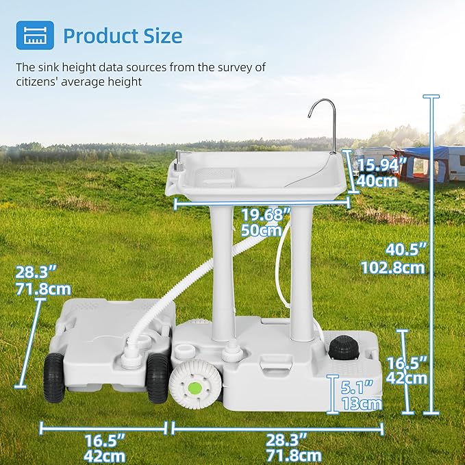 YITAHOME Portable Sink Camping,30 L Hand Washing Station with 30 L Sewage Tank, Rolling Wheels, Soap Dispenser, Towel Holder, Ideal for Outdoor, Travel, RV, Boat, Camper, Tripper