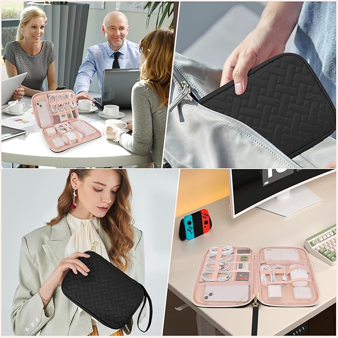 Electronics Organizer Travel Case, Charger Bag Cord Organizer Travel, Compact Tech Pouch Cable Organizer Bag for Charger, Cords, Phone, Headphones, Flash Drive, SD Card (Black, Large-Single Layer)