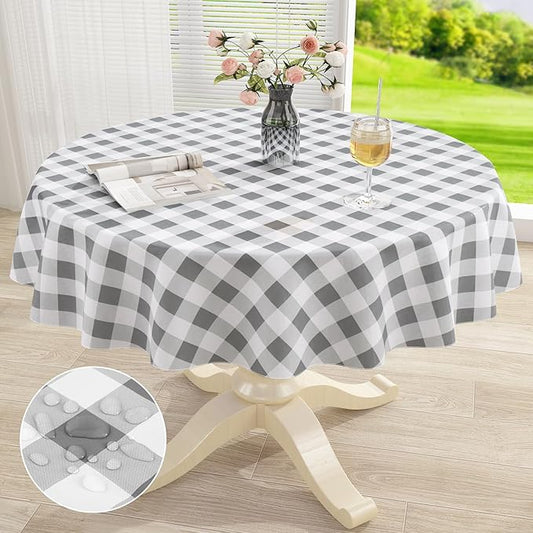 misaya Round Waterproof Vinyl Table Cloth, Buffalo Flannel Backed Tablecloth, Wipeable Plastic Table Cover for Dinner, Kitchen, Picnic (60", Grey and White)