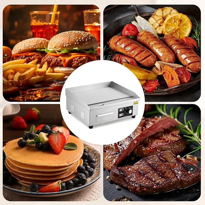 GarveeHome 18 In Commercial Electric Griddle,110V 1600W Electric Restaurant Teppanyaki Flat Top Grill With Shovels & Brushes, Non-Stick Countertop Griddle, Adjustable Temperature Control 122°F-572°F