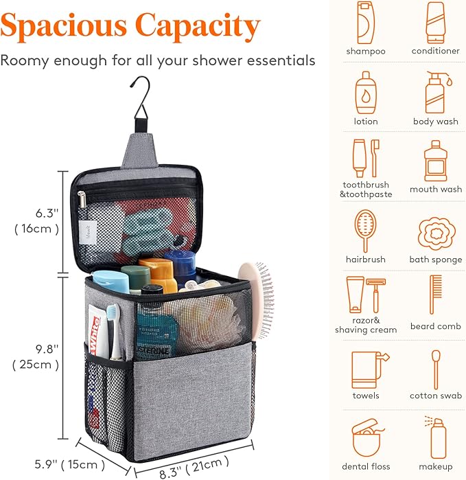 Lifewit Mesh Shower Caddy Bag Portable College Dorm Room Essentials Caddy Tote Basket for Bathroom, Gym, Travel, Camping Quick Dry Hanging Shower Organizer Toiletry Bag for Women Wen, Medium, Gray