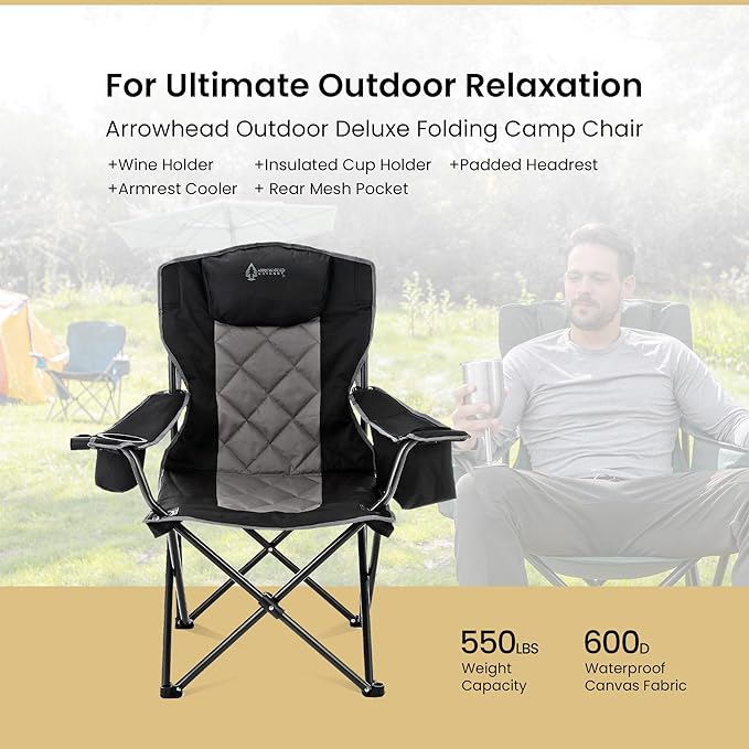 ARROWHEAD OUTDOOR 2-Pack Portable Folding Camping Quad Chair w/ 6-Can Cooler, Cup & Wine Glass Holders, Heavy-Duty Carrying Bag, Padded Armrests, Headrest & Seat, Supports up to 550lbs