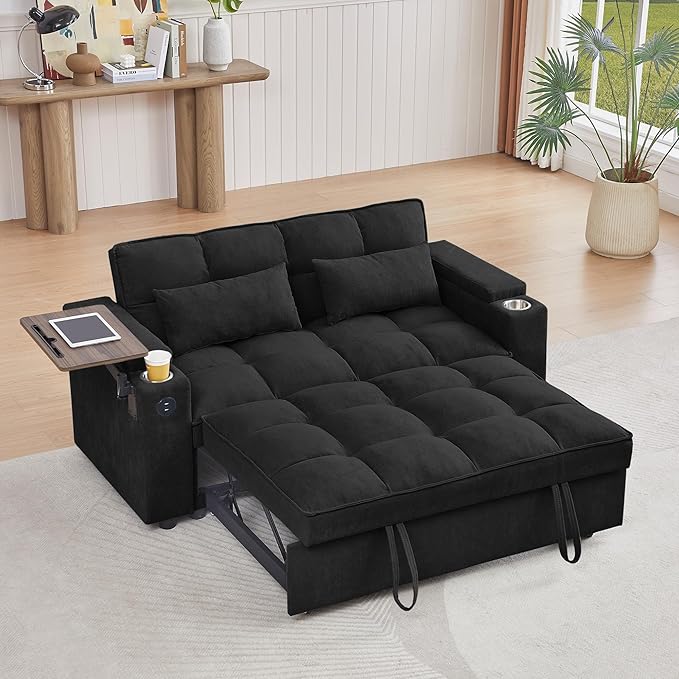 65'' 3-in-1 Folding Convertible Sofa Bed, Pullout Sofa, Modern Chenille Fabric, 360° Swivel Side Table, Easy Assembly, Perfect for Living Room, Black