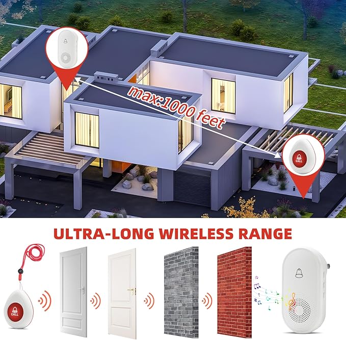 Wireless Caregiver Pager SOS Call Button for Elderly Monitoring 1000+ Feet Life Alert，Emergency Alert System Call Bell for Nurse Patient Disabled 1 Waterproof Transmitter & 1 Plugin Receiver