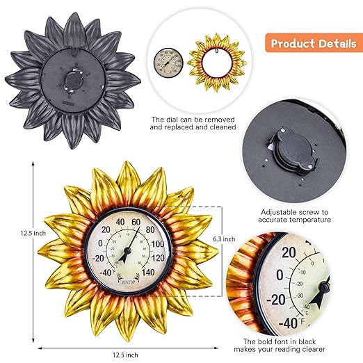 MUMTOP Outdoor Thermometers for Patio - Indoor Outdoor Thermometer, Sunflower Wall Thermometer Wireless for Garden Home Decor