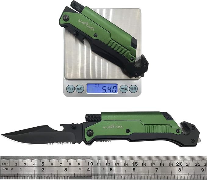 ALBATROSS Professional 6-in-1 Tactical Folding Knife - Survival Multi-Tool with LED Flashlight, Glass Breaker, Fire Starter, Seatbelt cutter - EDC Pocket Knife for Camping, Hunting & Emergency (Green)