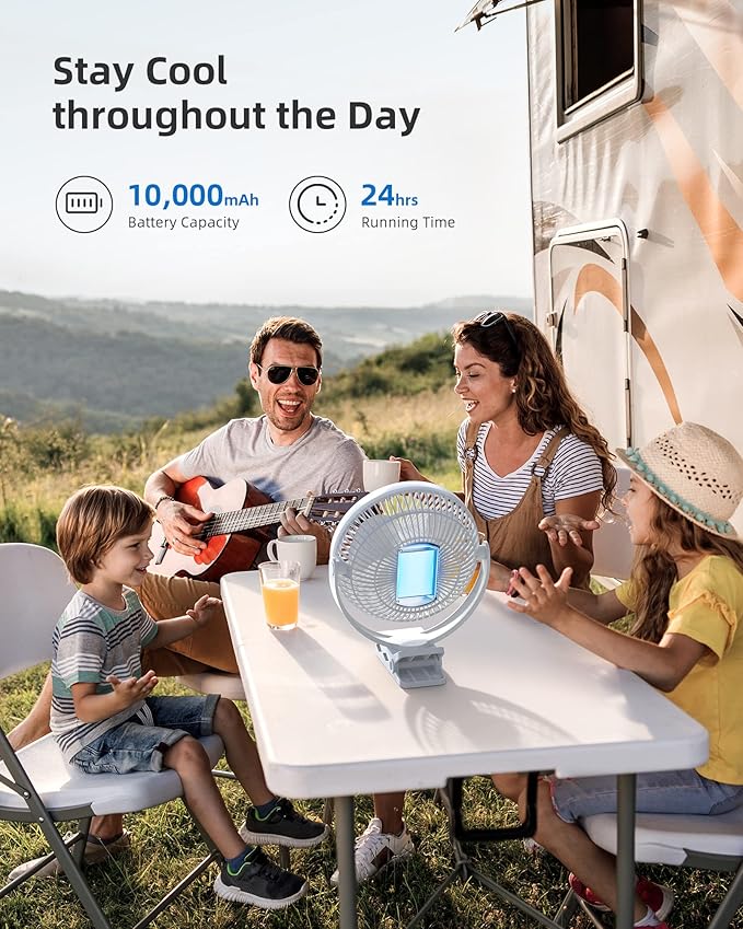 Koonie Portable Clip on Fan, 8-Inch 10000mAh USB Rechargeable Battery Operated, 4 Speeds, Strong Airflow, Sturdy Clamp for Office Desk Golf Car Outdoor Travel Camping Tent Gym Treadmill