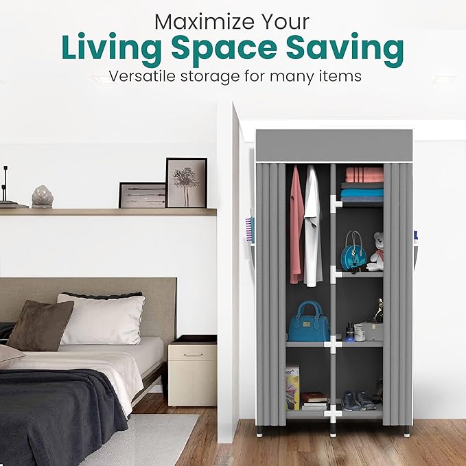 Portable Closet Wardrobe with 6 Storage Shelves and 1 Hanging Rack | Small Closet Clothes Organizer Portable Wardrobe Closet for Hanging Clothes (Grey, Small)