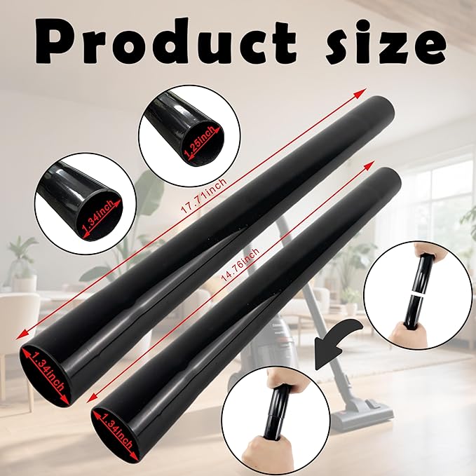 Vacuum Extension Tubes 2Pack, 1.25 Inch Diameter, 14.76" and 17.71" Length - Black | Compatible with 1-1/4 Inch Hose Wet/Dry Vacuum Cleaners | Versatile Tool (Black, 1 P14.76" +1 P 17.71 ")