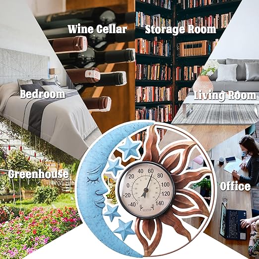 MUMTOP Indoor Outdoor Thermometer - Sun and Moon Wall Thermometer with Star, Outdoor Thermometers for Patio, Room, Greenhouse, Outside, Garden Decor