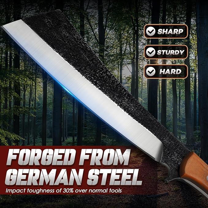 Freelander Japanese Style High Carbon Steel Machete with Red Sandalwood Ergonomic Full Tang Handle and Wood-Leather Sheath — Heavy-Duty Outdoor Tool for Camping, Hiking, Yard Work, and Survival