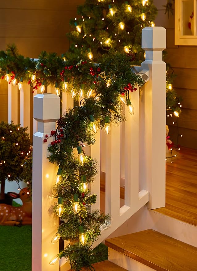 Vintage C9 LED Christmas Lights Outdoor, 100 Feet C9 String Lights with 100 LED C9 Plastic Bulbs, Waterproof Connectable Lights for Christmas Tree Roofline Garden Patio Backyard Decor, Warm White