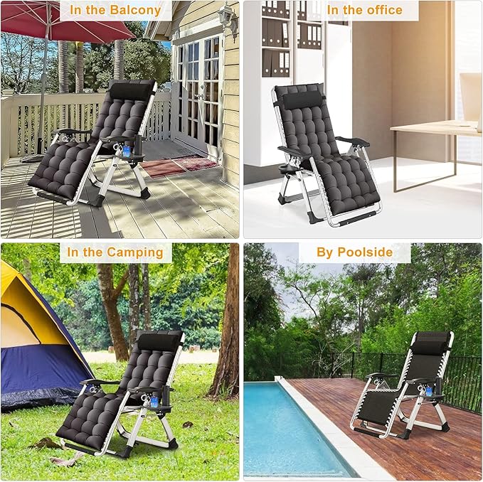 NAIZEA Padded Zero Gravity Chair, Folding Outdoor Lounge Chairs, Adjustable Reclining Camping Chairs with Cup Holder, Ergonomic Patio Lawn Chair for Balcony Beach Deck Yard