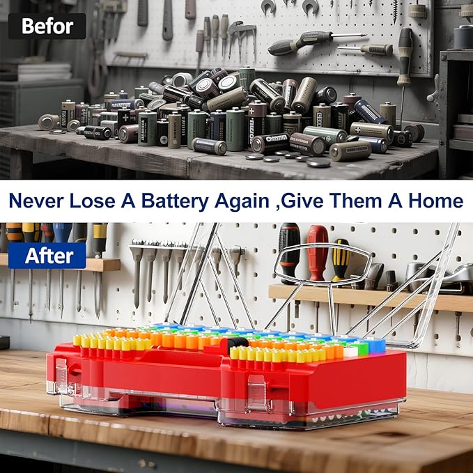 Battery Organizer Storage Holder Box Case with Tester, New Ultra-Large 285+Batteries Double-Sided Variety Pack, Holds AA AAA 4A C D Button Cell 9V 3V Lithium18650 CR2 CR123 CR1632 LR44 (Red)