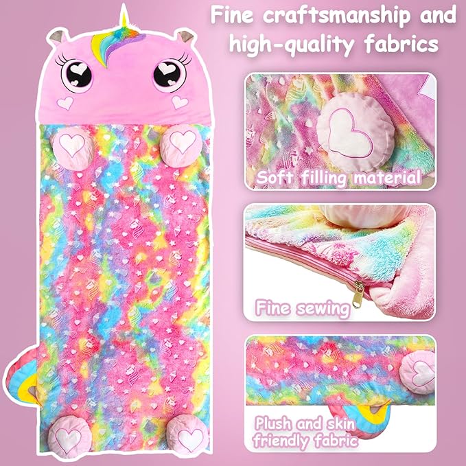 Kids Sleeping Bag, Large Unicorn Slumber Bag for Girls Boys, Portable Toddler Nap Mat, Preschool Daycare Kindergarten Birthday Gift 3-12 Yr Child, Pink