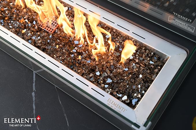 Elementi+ | Bundle Valencia Gas Fire Pit | Concrete Body & Marble Porcelain Top | 62" Rectangular Fire Table | Electronic Ignition | Canvas Cover, Fire Glass, Burner Lid & More | Black | Propane Gas