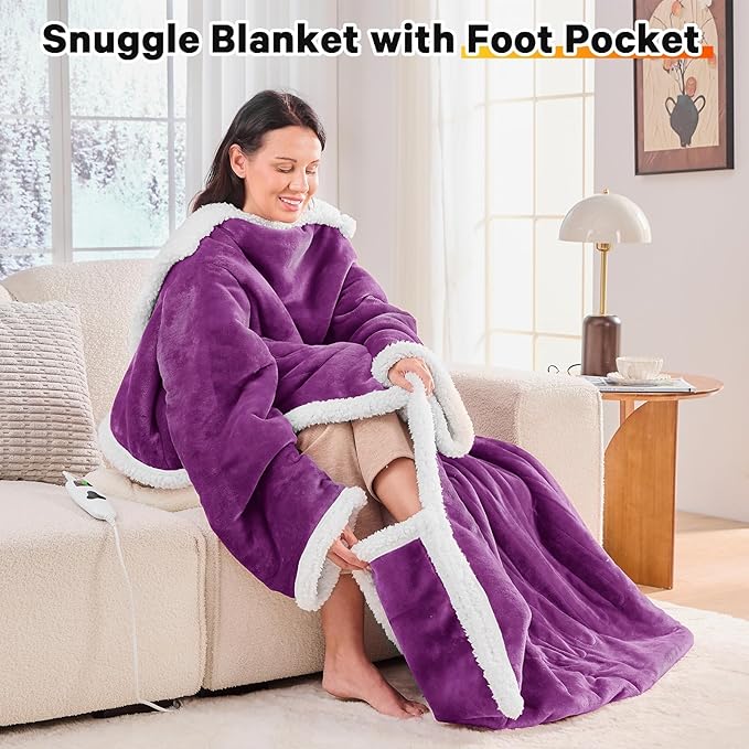 greenoak Wearable Heated Throw Blanket Electric Snuggle - Heated Robe with Foot Pocket for Adult, Winter Gifts for Mom Women 5-Position Timer 10-Heating Levels,50 * 70",Purple