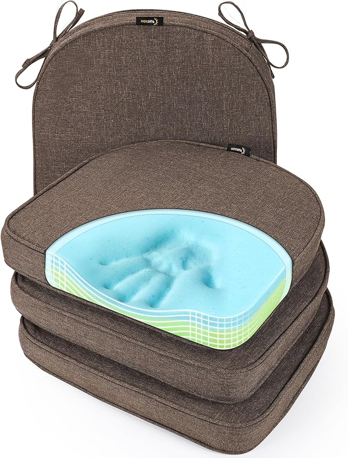 SUNROX Gel Memory Foam Chair Cushions, FadeShield Water-, Stain-Resistant Durable Reversible Seat Cushion Pads with Ties for Indoor/Outdoor Kitchen Dining Office, 19"x19", Set of 4, Heather Chestnut