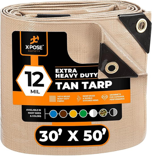 Heavy Duty Tan Poly Tarp 30' X 50' - Multipurpose Protective Cover - Durable, Waterproof, Weather Proof, Rip and Tear Resistant - Extra Thick 12 Mil Polyethylene - by Xpose Safety