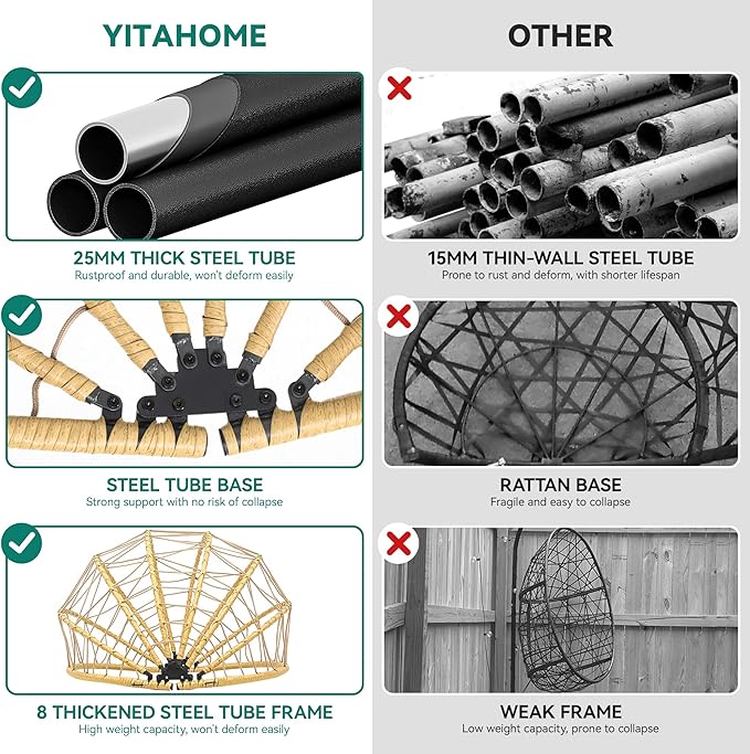 YITAHOME Hanging Egg Chair with Stand Swing Chair Wicker Indoor Outdoor Hammock Egg with Cushions 330lbs for Patio, Bedroom, Garden and Balcony, Single, Beige