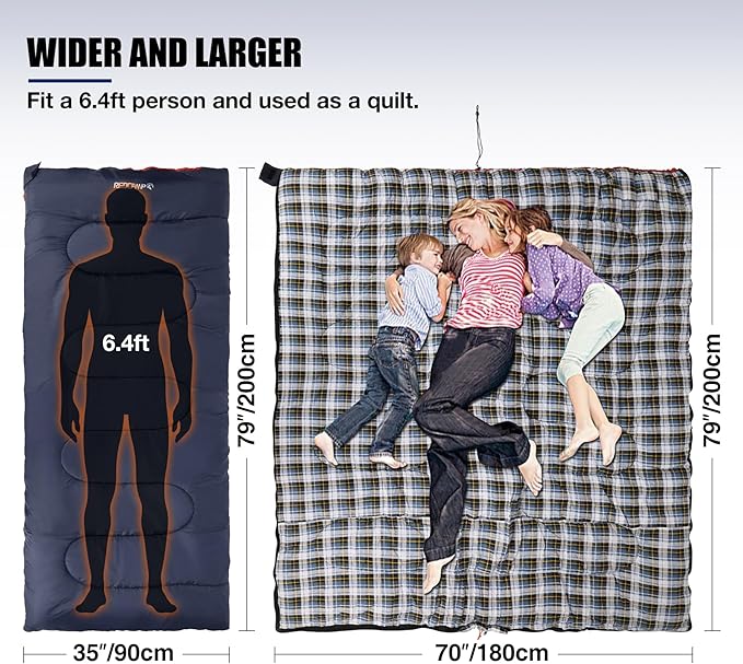 REDCAMP Cotton Flannel Sleeping Bag for Camping Backpacking, Adults Cold Weather Envelope Sleeping Bags with 2/3/4/6lbs Filling