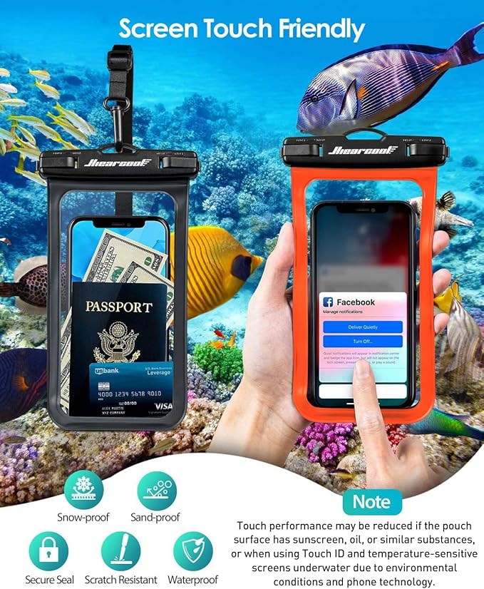 Hiearcool Waterproof Phone Pouch, Waterproof Phone Case, Waterproof Cellphone Pouch Under Water Beach Accessories for iPhone -Black&Orange -2Pack