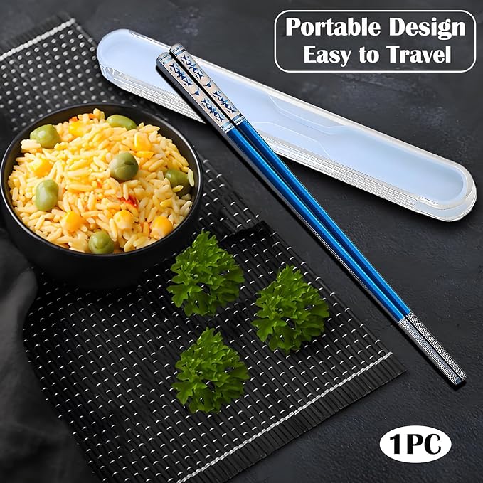 Metal Chopsticks Reusable 1 Pair Stainless Steel Travel Chopsticks Dishwasher Safe Square Lightweight Non-Slip Chop Sticks with case(Blue)