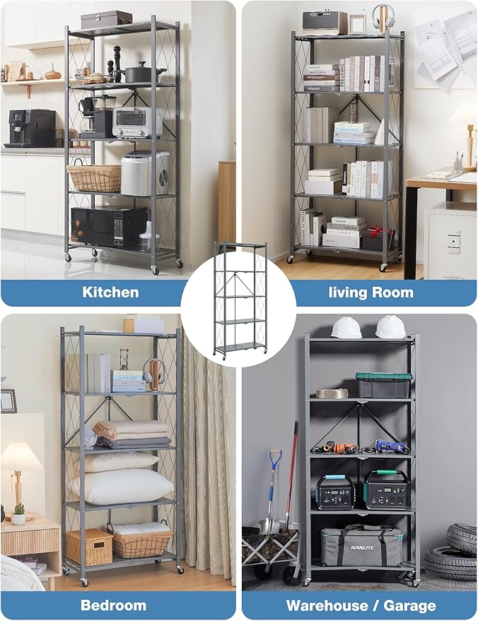 ALANNG 70.7" H Metal Storage Shelves, 5 Tier Folding Shelf on Wheels, Heavy Duty, No Assembly, Rolling, Collapsible Rack Unit for Kitchen, Basement, Pantry (Gray,2 Pack)