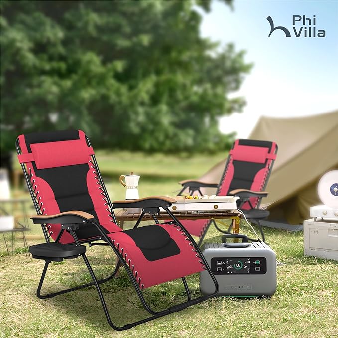 PHI VILLA XXL Oversized Padded Zero Gravity Chair, Foldable Patio Recliner, 30" Wide Seat Anti Gravity Lounger with Cup Holder, Set of 2, Support 400 LBS (Red)