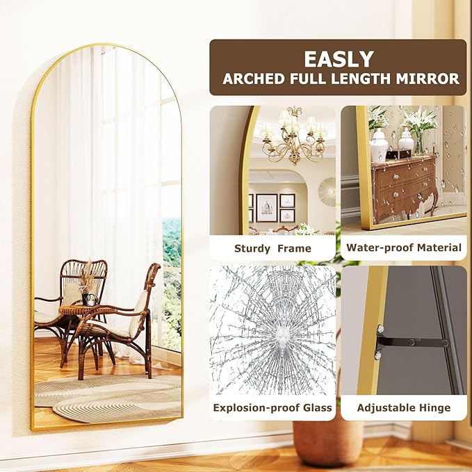 Gold Arched Full-Length Mirror, 24"x68" Arched Floor Mirror with Stand, Wall-Mounted for Bathroom, Dressing Room - Hanging or Leaning - Full Body Mirror for Bedroom