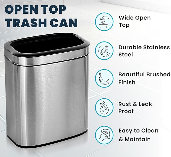 Alpine Stainless Steel Open Top Trash Can 5 Gallon - 20L Garbage Can for Kitchen, Bathroom, Office & More with Removable Bin, Brushed Nickel Finish, Space-Saving Slim Modern Design