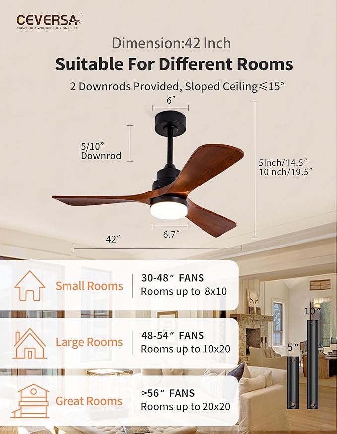 42 Inch Wood Ceiling Fans with Lights and Remote, 3 Blades Outdoor Walnut Ceiling Fans for Patio, Noiseless Reversible DC Motor, for Living Room, Farmhouse, Indoor