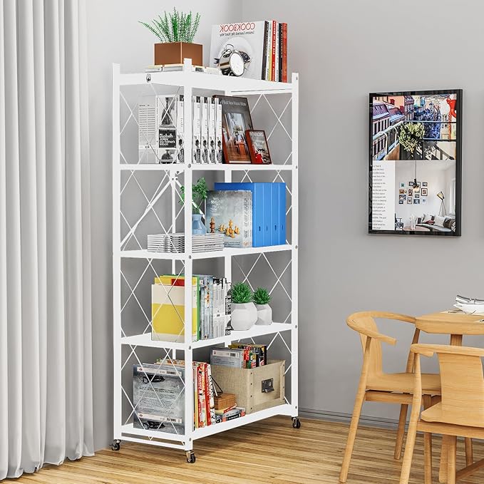 5-Tier Foldable Storage Shelf with Wheels - Metal Rack Collapsible Shelving Unit Display, Rolling Cart for Books Kitchen Storage Shelves, Pantry & Closet Organizer, Office Room Decor