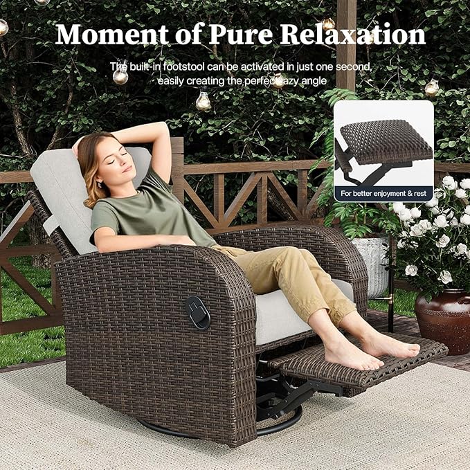 Outdoor Wicker Recliner Chair Set of 2 High Back Patio 360°Swivel Reclining Lounge Chair with 6-Inch Thick Cushion