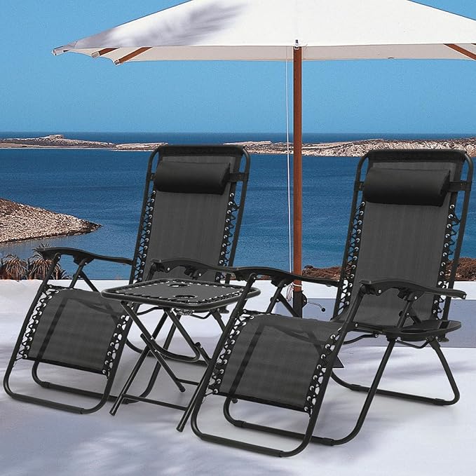 MoNiBloom Oversized Lounge Beach Chairs for Outside, 29" XL Zero Gravity Camping Chairs with Side Table, Pillow and Tray, 330lbs Capacity, Black