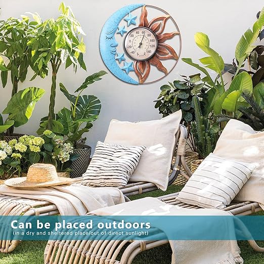MUMTOP Indoor Outdoor Thermometer - Sun and Moon Wall Thermometer with Star, Outdoor Thermometers for Patio, Room, Greenhouse, Outside, Garden Decor