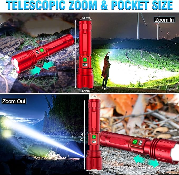 Flashlights High Lumens Rechargeable - 1500 Meters Long Beam Super Bright LED Flash Light with Power Display & IPX5 Waterproof for Camping, 20H Runtime,5 Modes,Zoomable Handheld Flashlight -Red