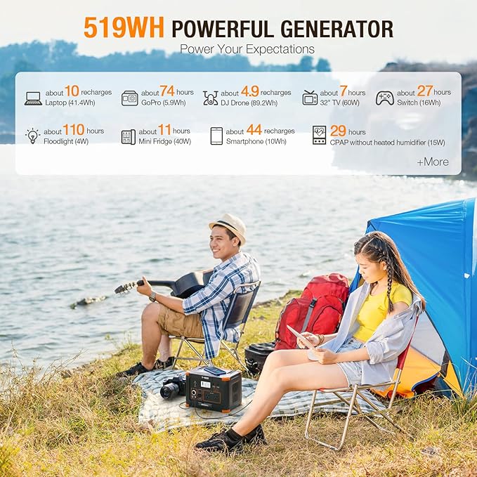 500W Portable Power Station with 100W Solar Panels 519Wh Solar Generator Outdoor Backup Lithium Battery Pack Power Supply with AC Outlet 110V for Tent Camping Home Emergency Traveling RV Trip