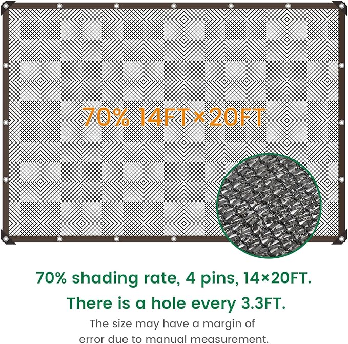 70% 14 X 20 FT Black Shade Cloth, Outdoor Sunblock Shade Cloth with Grommets, Durable Sun Shade Netting Shading Antifreezing for Patio, Garden, Plants Cover, Greenhouse, Barns, Dog Kennel