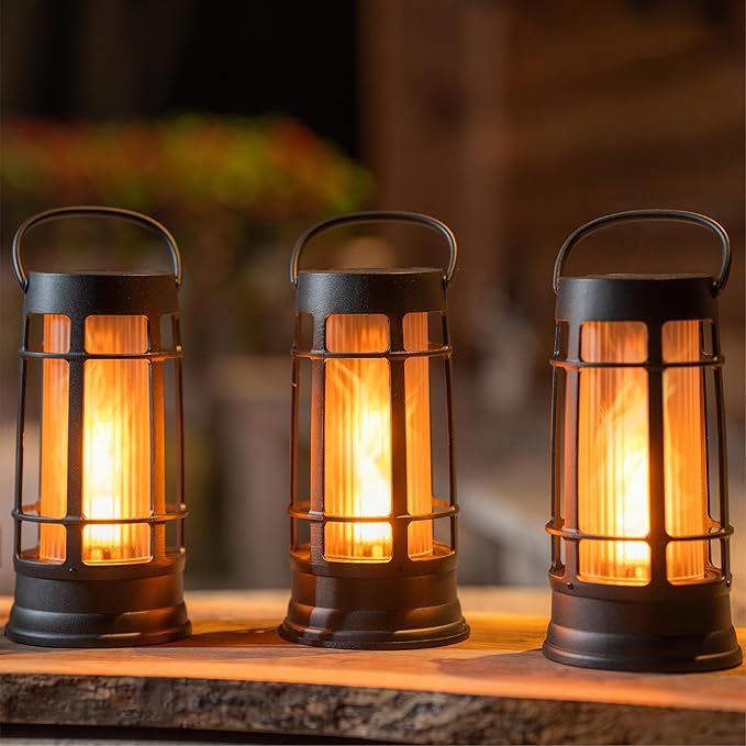 Metal Outdoor Solar Lantern, Flickering Solar Lanterns Outdoor Waterproof with Patented LED, Outdoor Lanterns for Porch, Patio, Garden, Tabletop, Hanging Use, Matte Black (1 Pack)