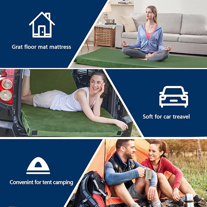CYMULA CertiPUR-US Memory Foam Camping Mattress Pad, Portable Foam Sleeping Pad for Camping, Roll up Sleeping Mat for Adults Guest Floor Bed for Sleepover, Car, Tent SUV Cot Mattress