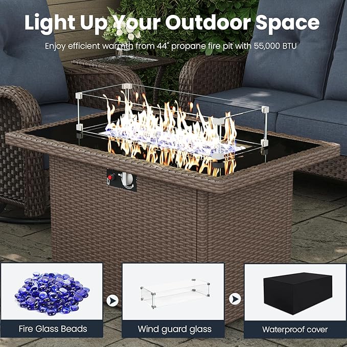 5 Pieces Outdoor Patio Furniture Sets with Rocking Swivel Chairs with 6-inch Thick Cushion and Fire Pit Table for Deck Lawn